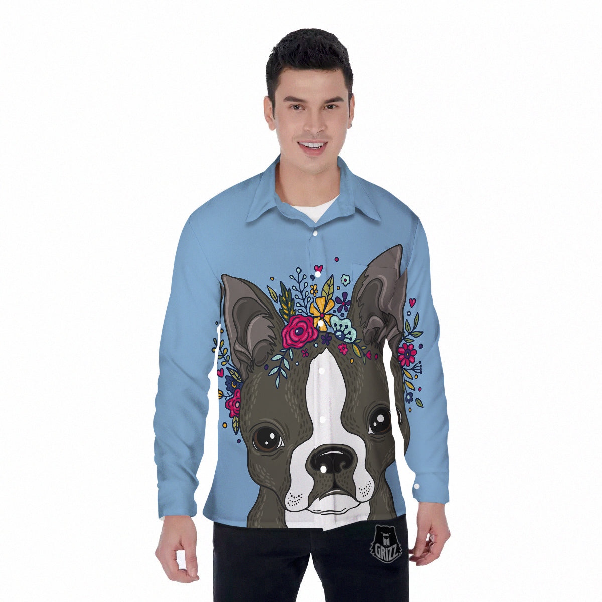 Flower Boston Terrier Cartoon Print Men's Long Sleeve Shirts-grizzshop