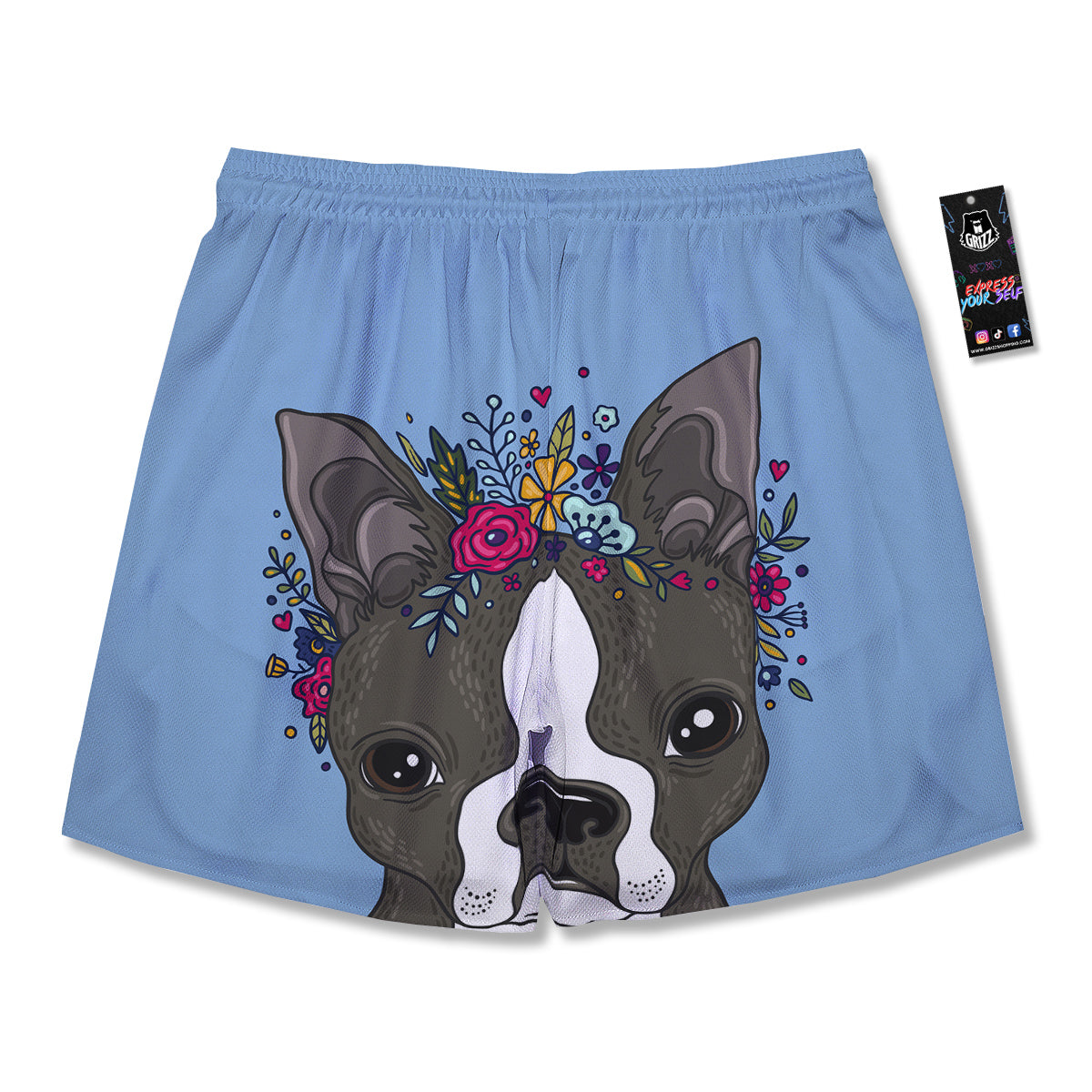 Flower Boston Terrier Cartoon Print Men's Running Shorts-grizzshop