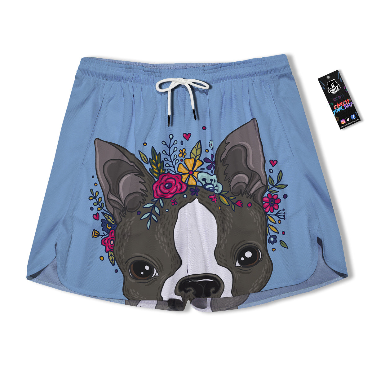 Flower Boston Terrier Cartoon Print Men's Running Shorts-grizzshop