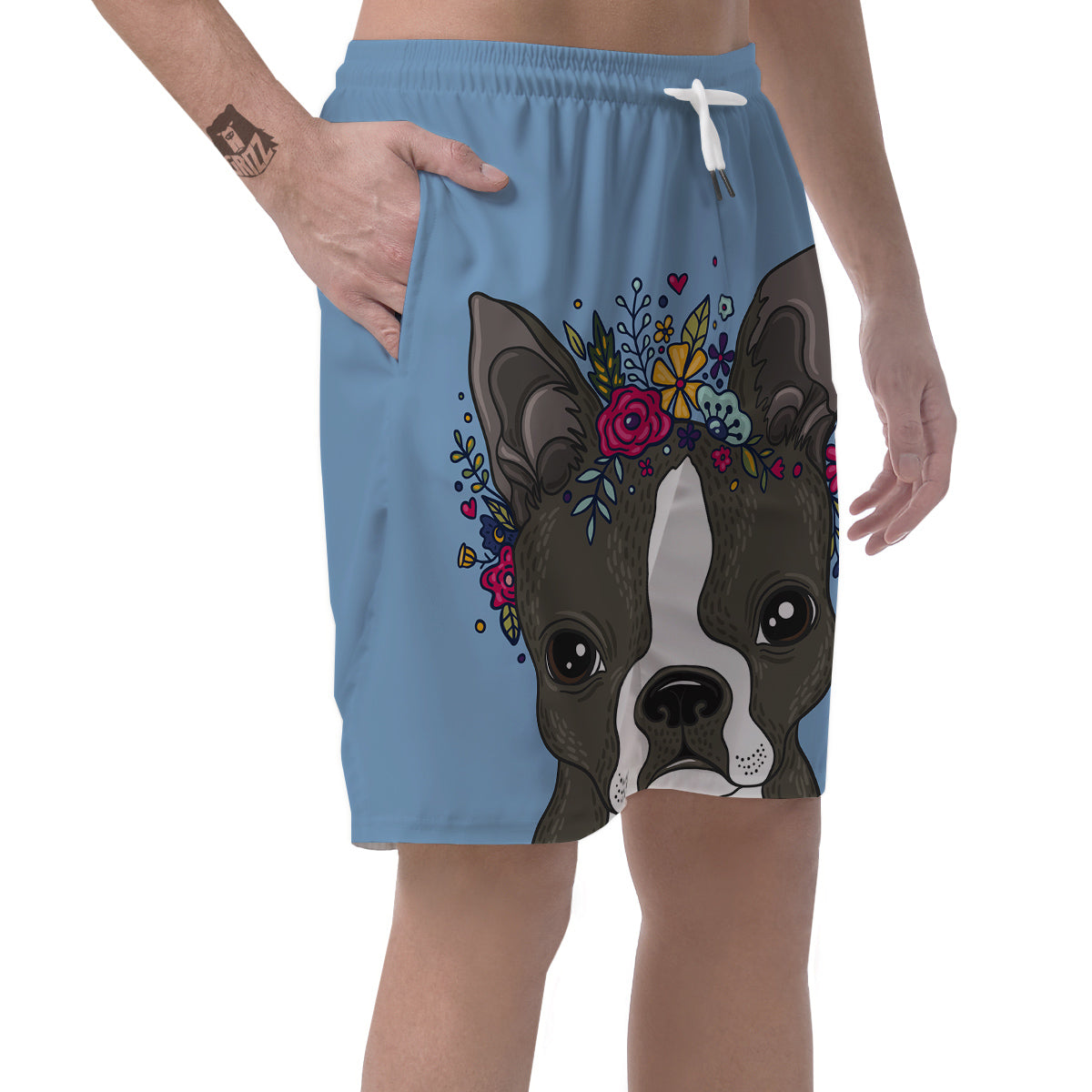 Flower Boston Terrier Cartoon Print Men's Shorts-grizzshop