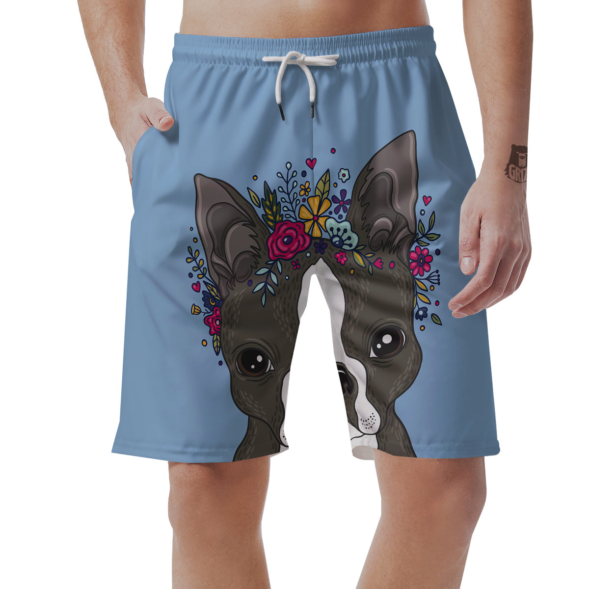 Flower Boston Terrier Cartoon Print Men's Shorts-grizzshop