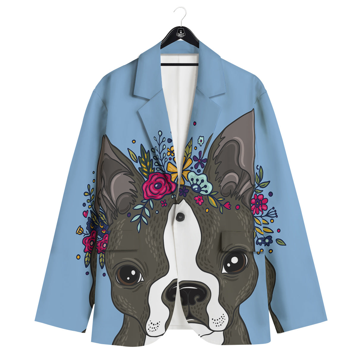 Flower Boston Terrier Cartoon Print Men's Sport Coat-grizzshop