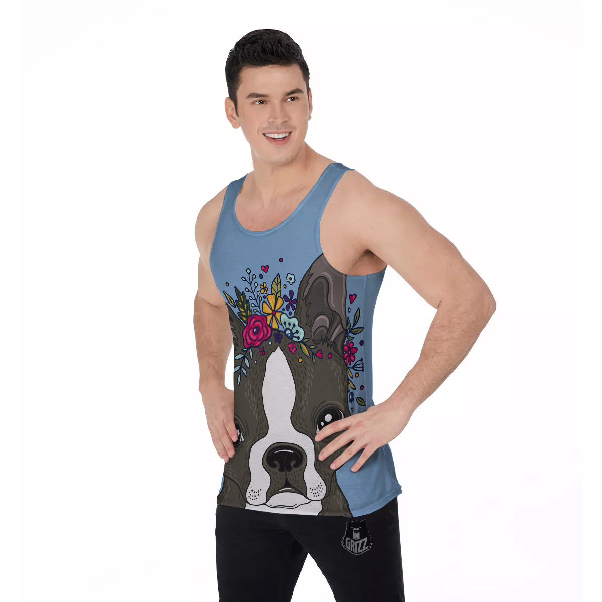 Flower Boston Terrier Cartoon Print Men's Tank Top-grizzshop