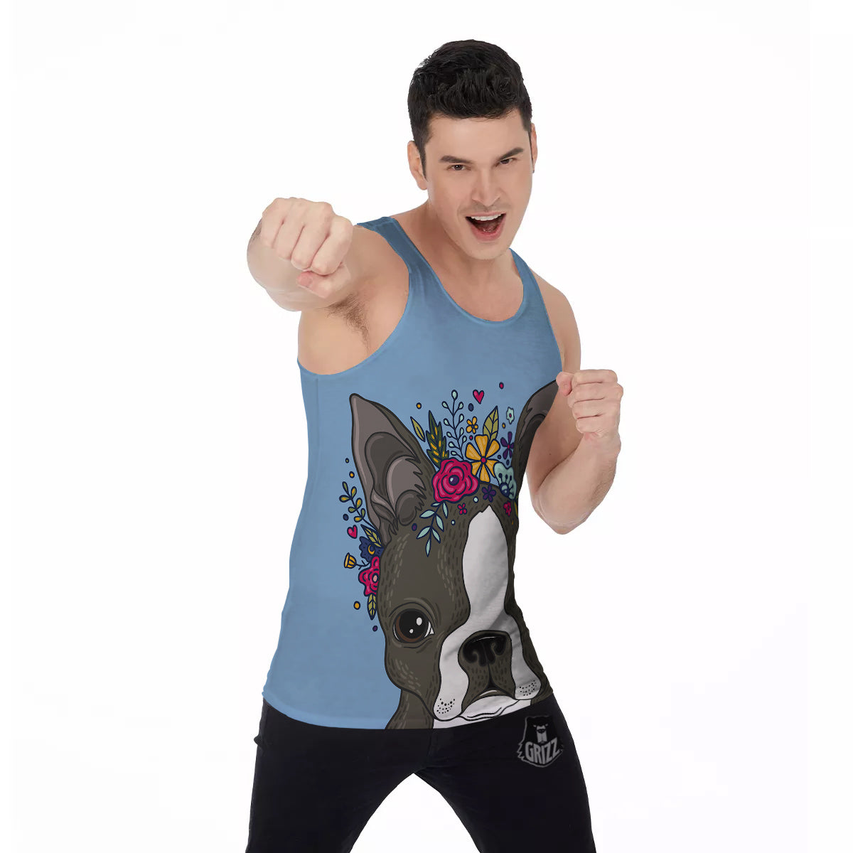 Flower Boston Terrier Cartoon Print Men's Tank Top-grizzshop