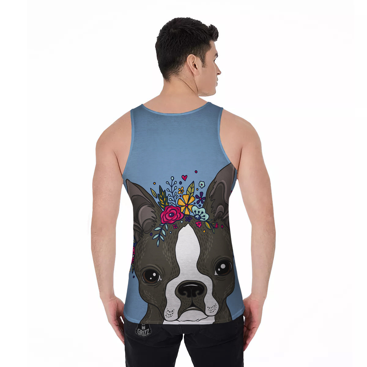 Flower Boston Terrier Cartoon Print Men's Tank Top-grizzshop