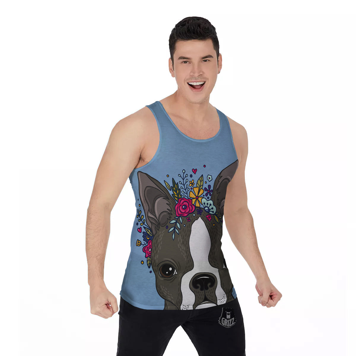 Flower Boston Terrier Cartoon Print Men's Tank Top-grizzshop