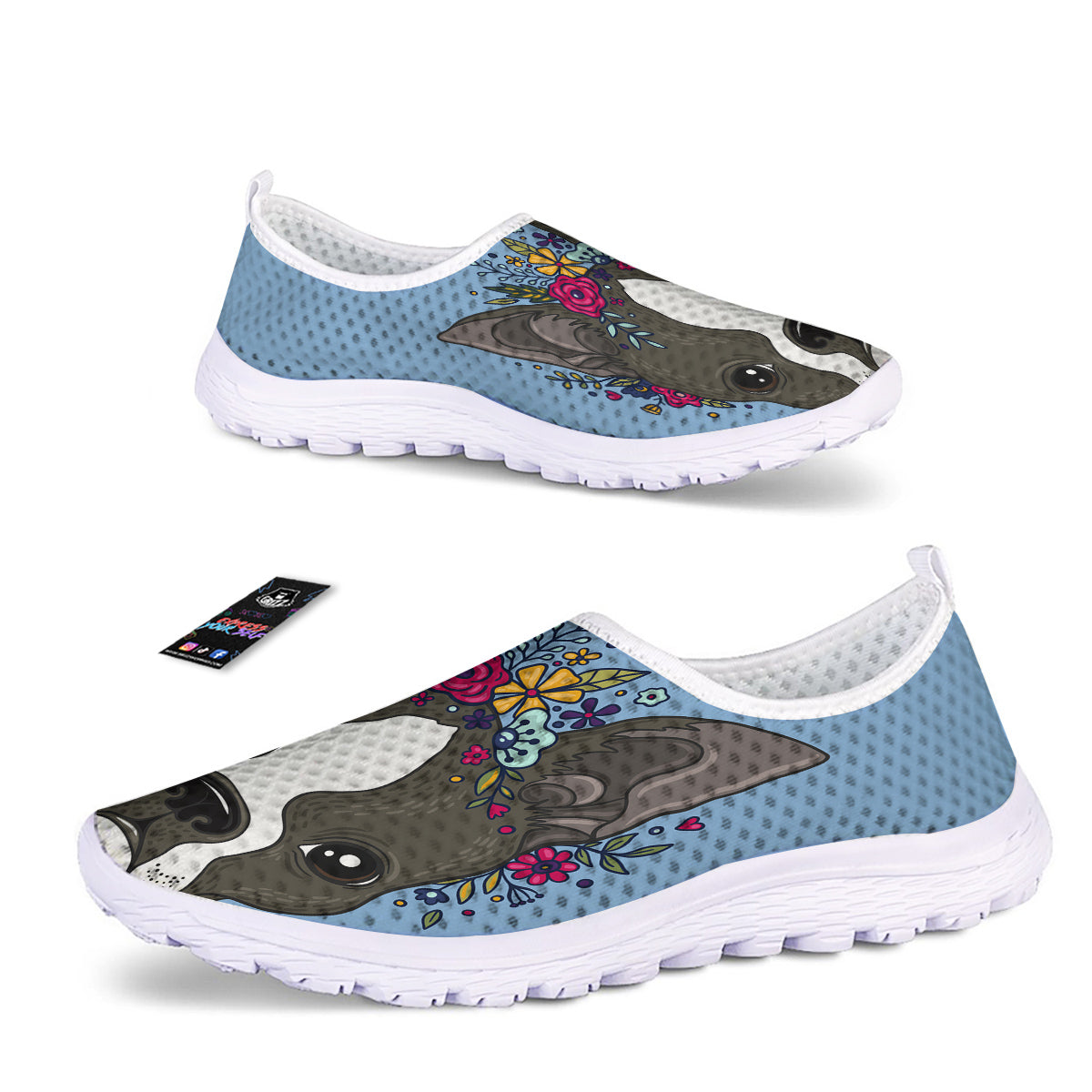 Flower Boston Terrier Cartoon Print Nurse Shoes-grizzshop