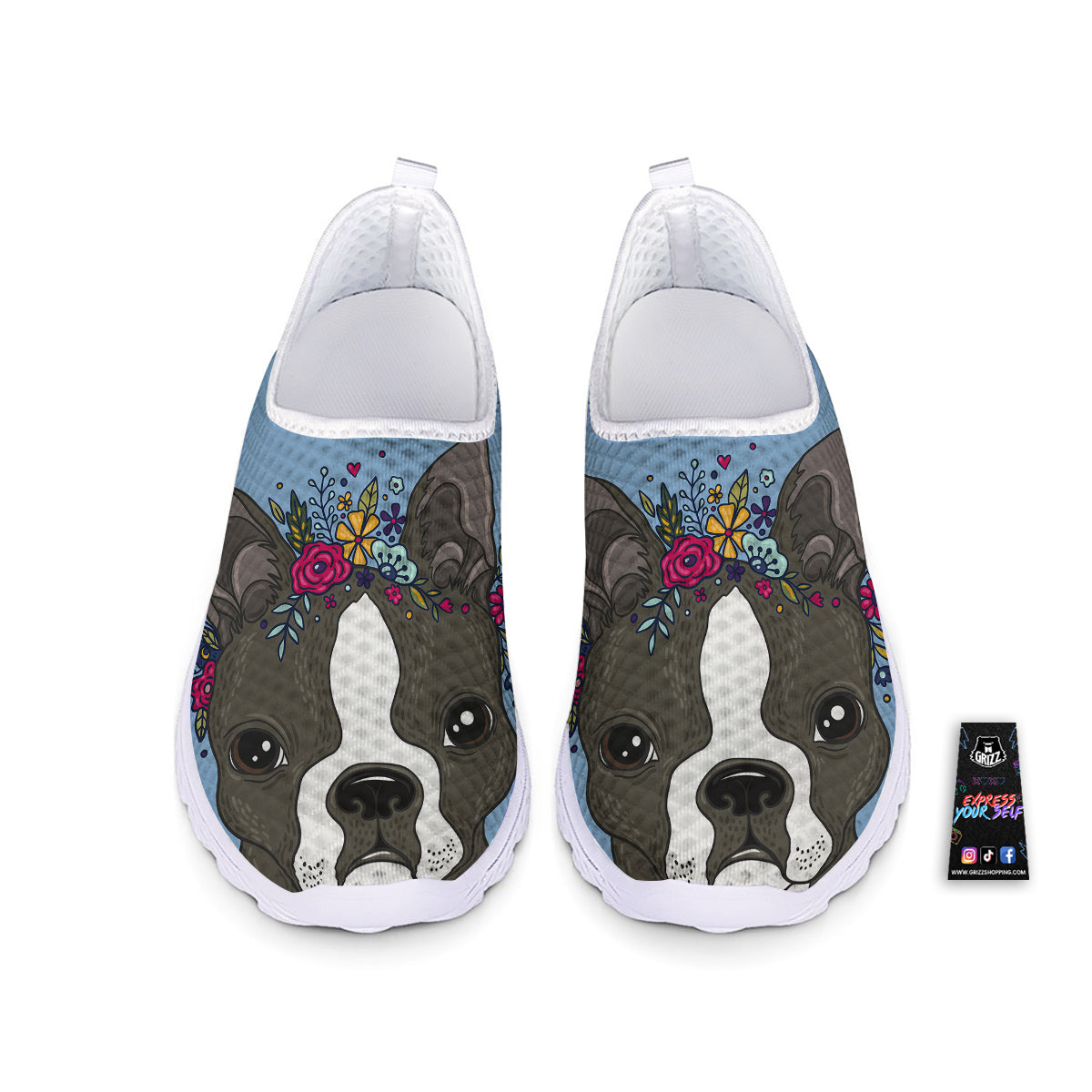 Flower Boston Terrier Cartoon Print Nurse Shoes-grizzshop