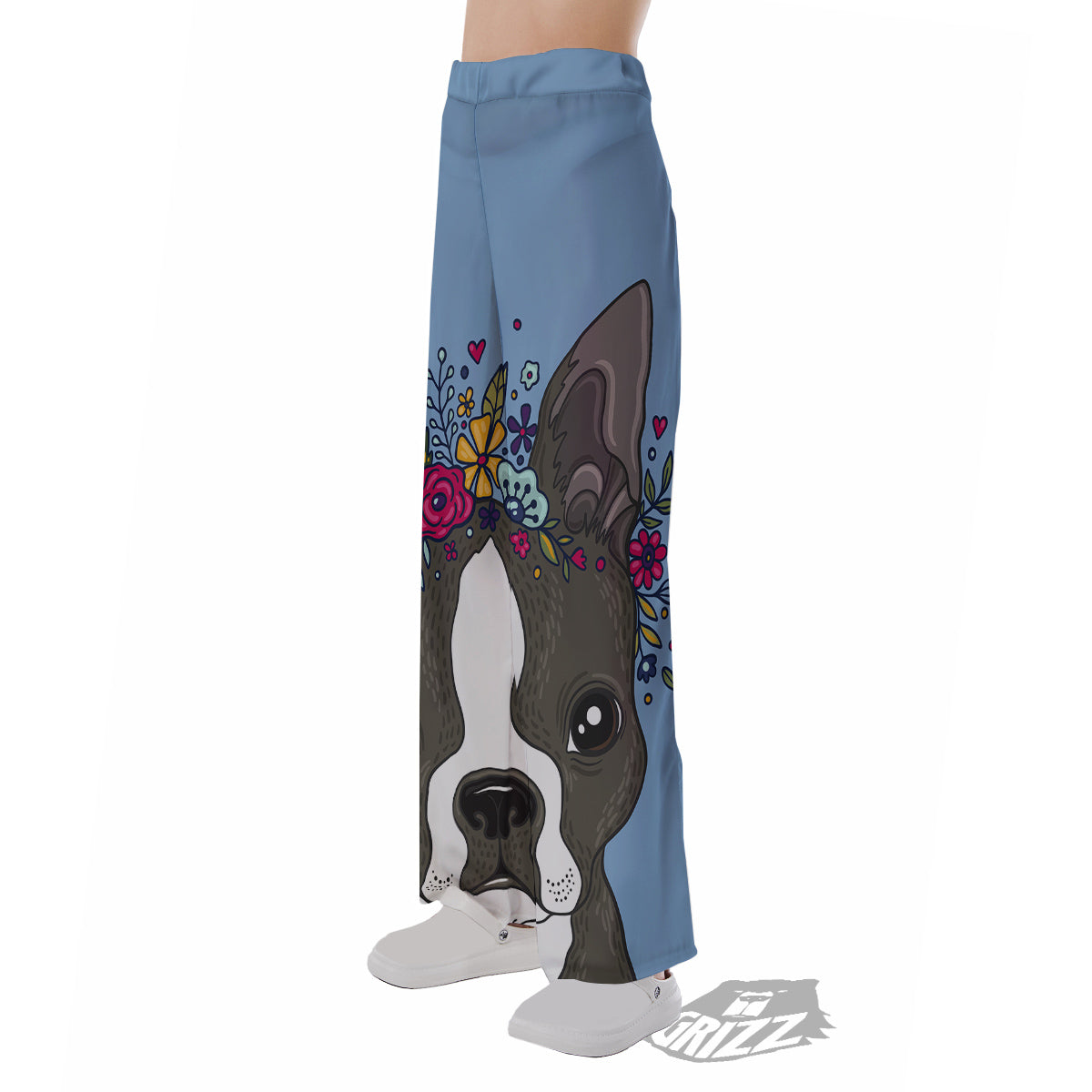 Flower Boston Terrier Cartoon Print Pajama Pants-grizzshop