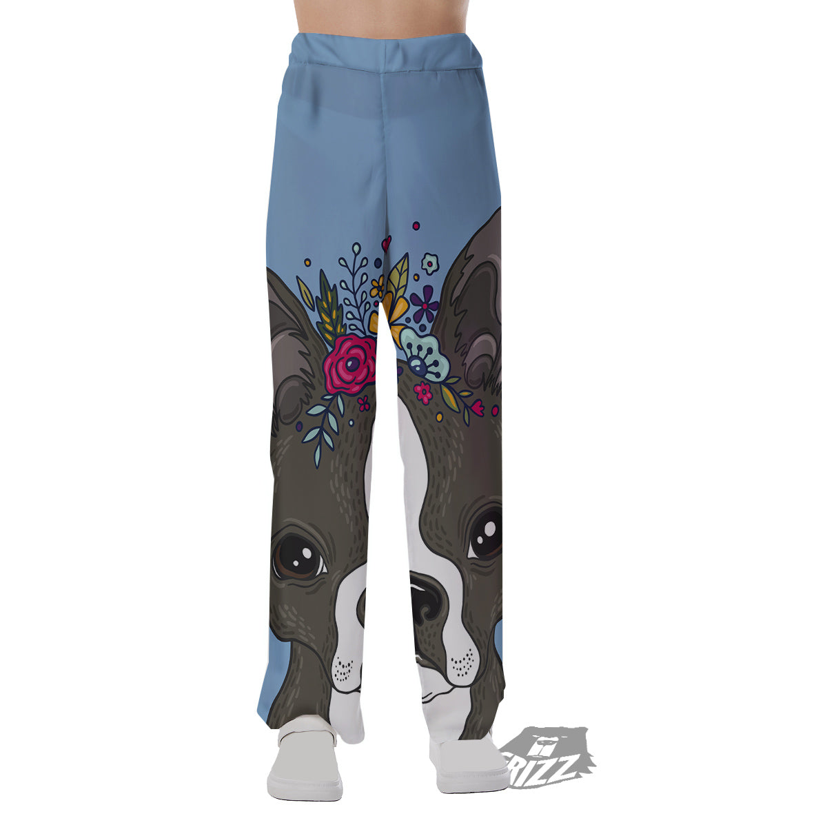 Flower Boston Terrier Cartoon Print Pajama Pants-grizzshop