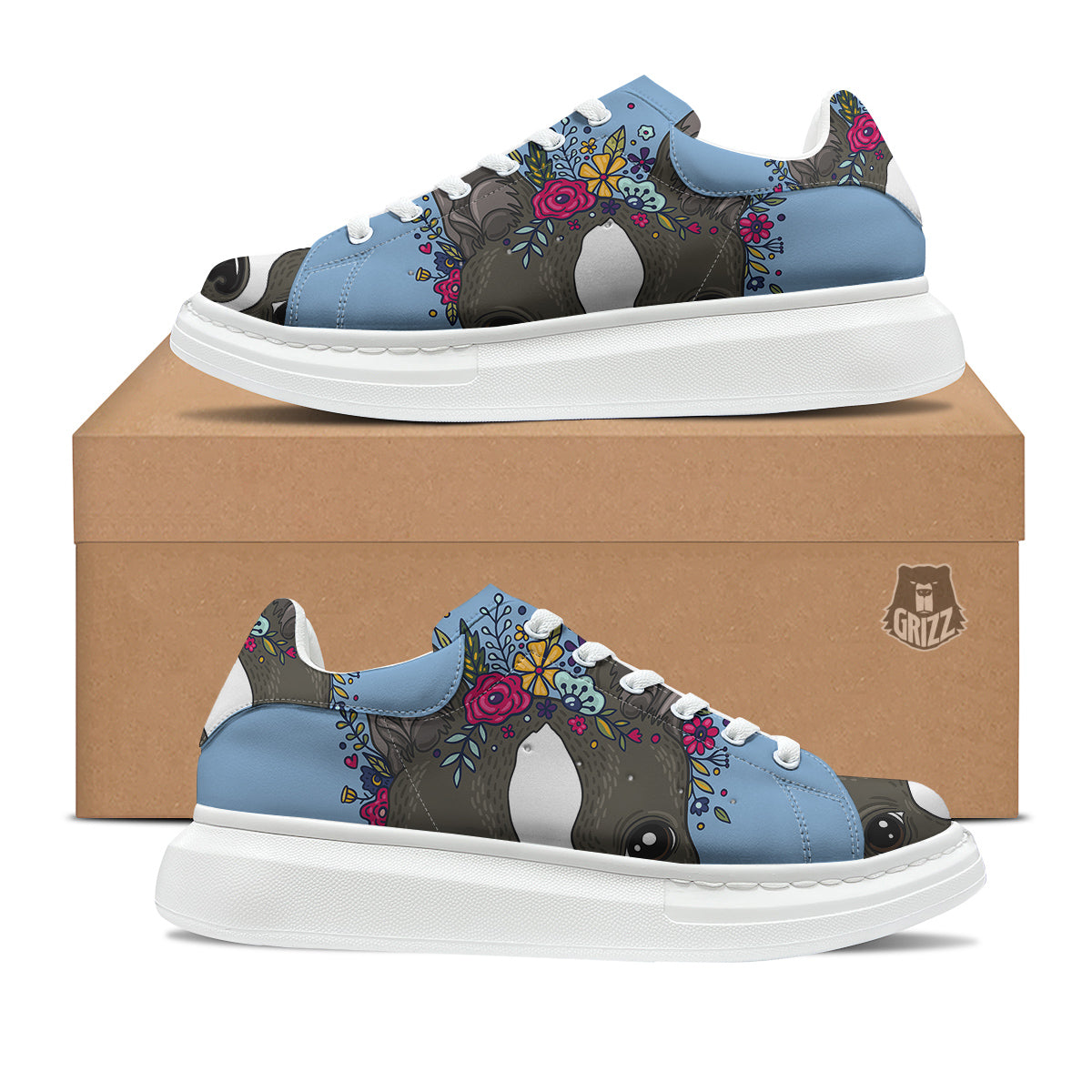 Flower Boston Terrier Cartoon Print Platform Shoes-grizzshop