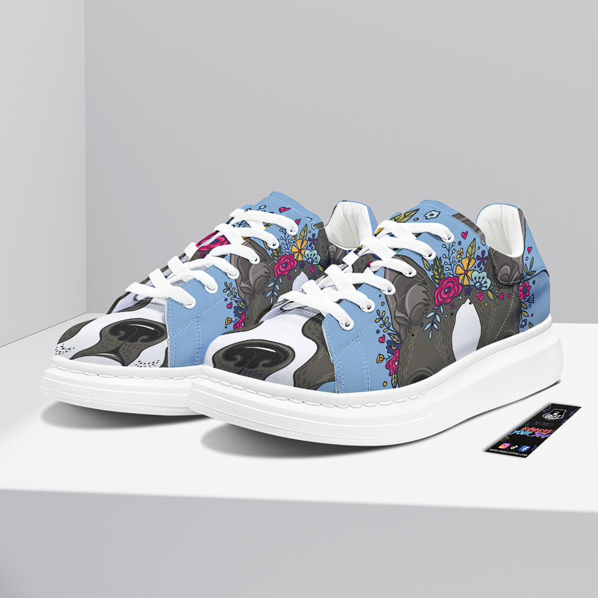Flower Boston Terrier Cartoon Print Platform Shoes-grizzshop