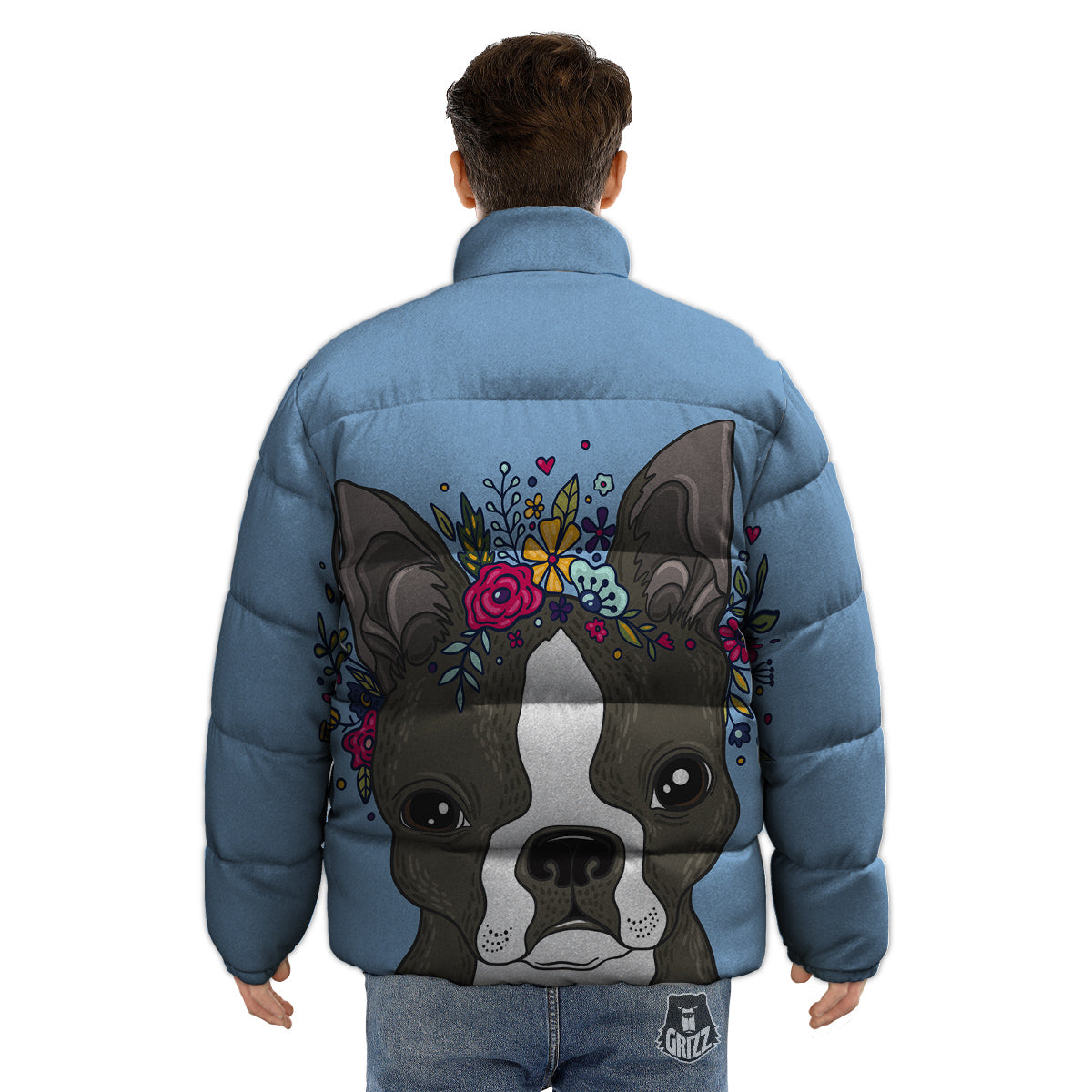 Flower Boston Terrier Cartoon Print Puffer Jacket-grizzshop