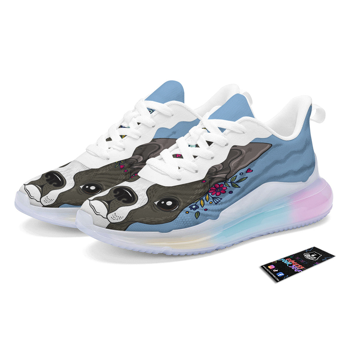 Flower Boston Terrier Cartoon Print Running Sneakers-grizzshop