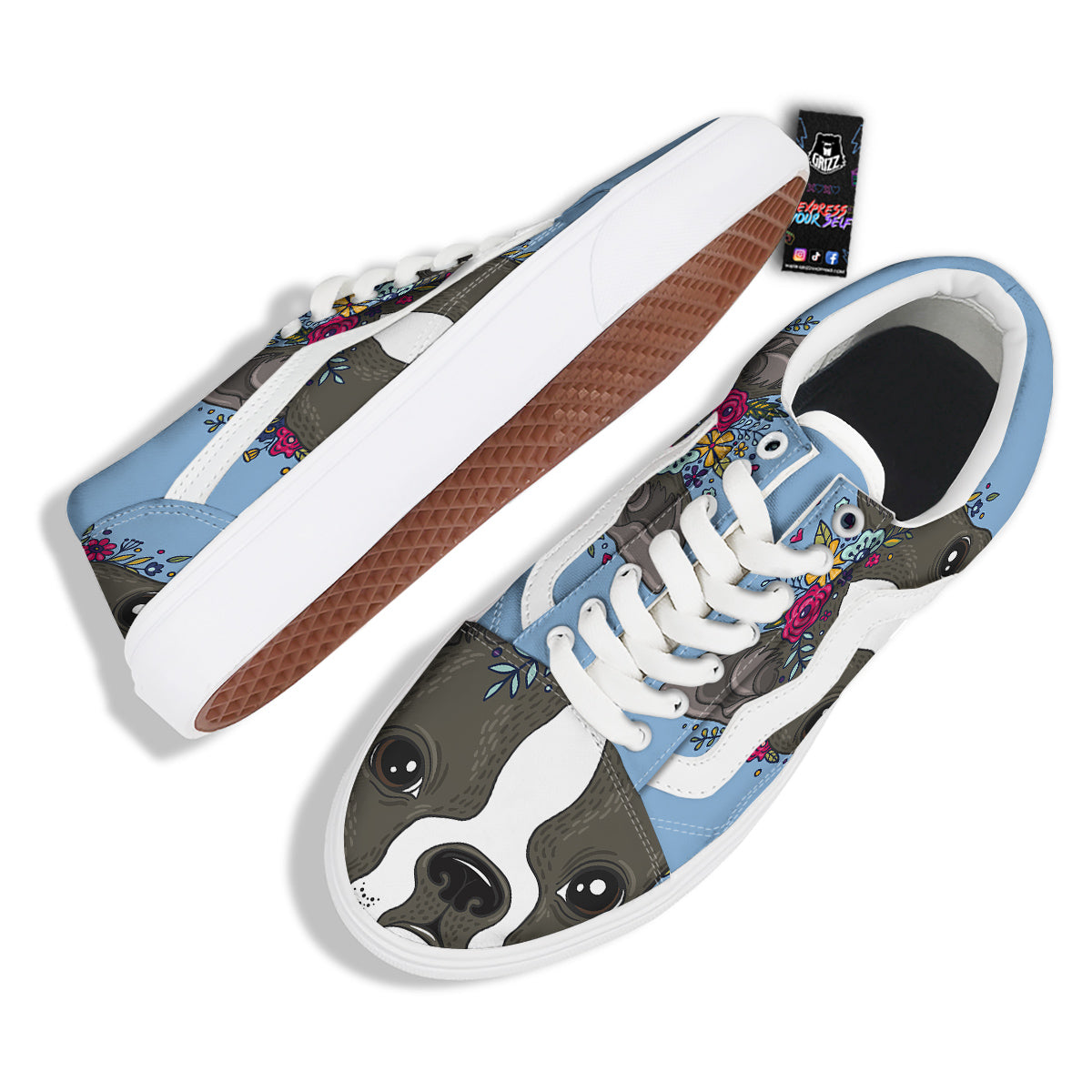 Flower Boston Terrier Cartoon Print Skate Shoes-grizzshop