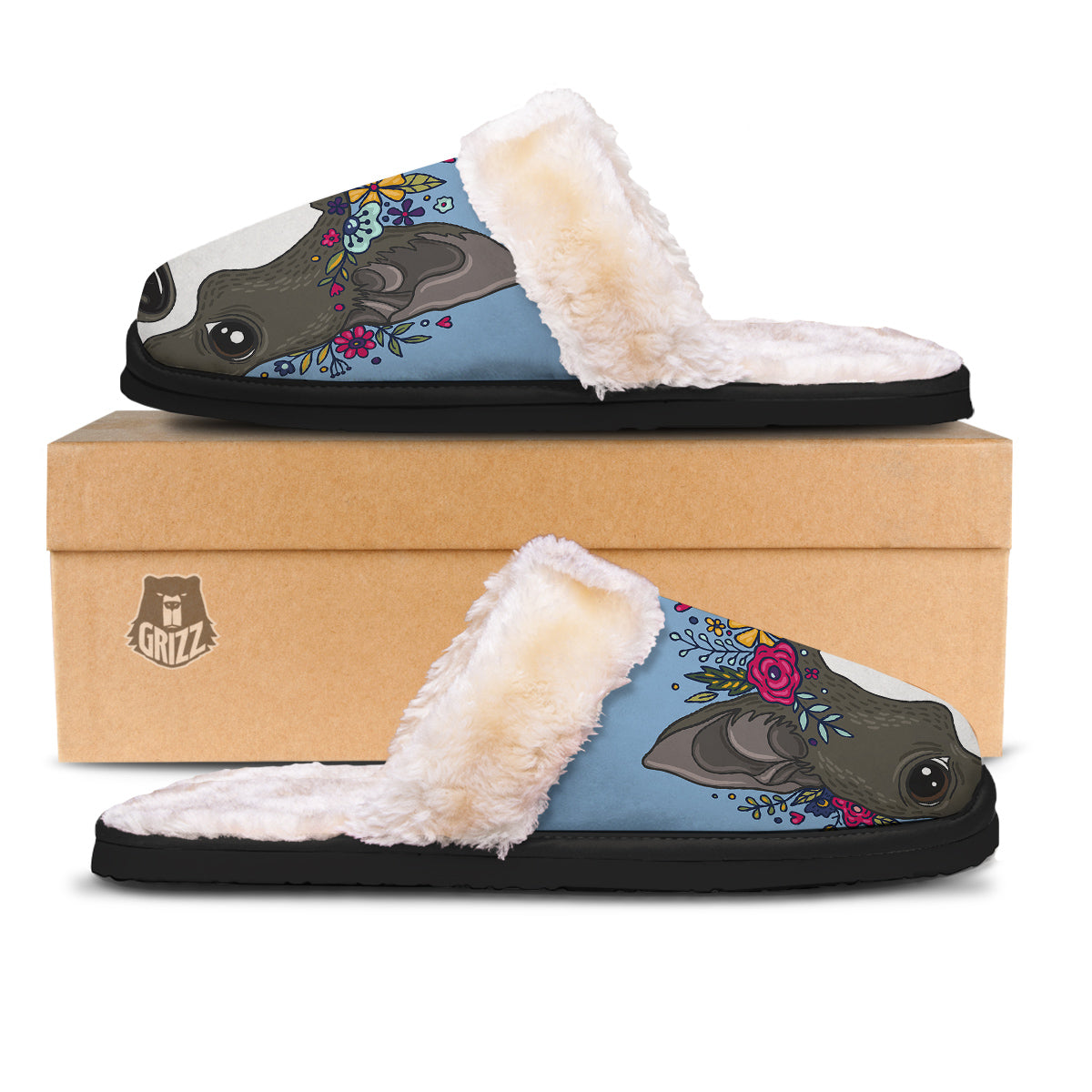 Flower Boston Terrier Cartoon Print Slippers-grizzshop
