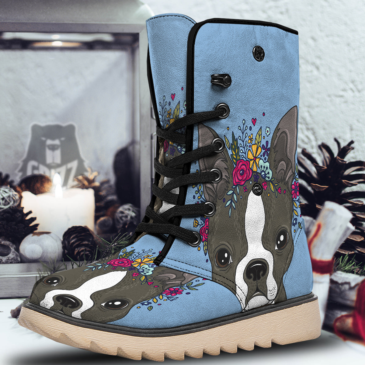 Flower Boston Terrier Cartoon Print Snow Boots-grizzshop