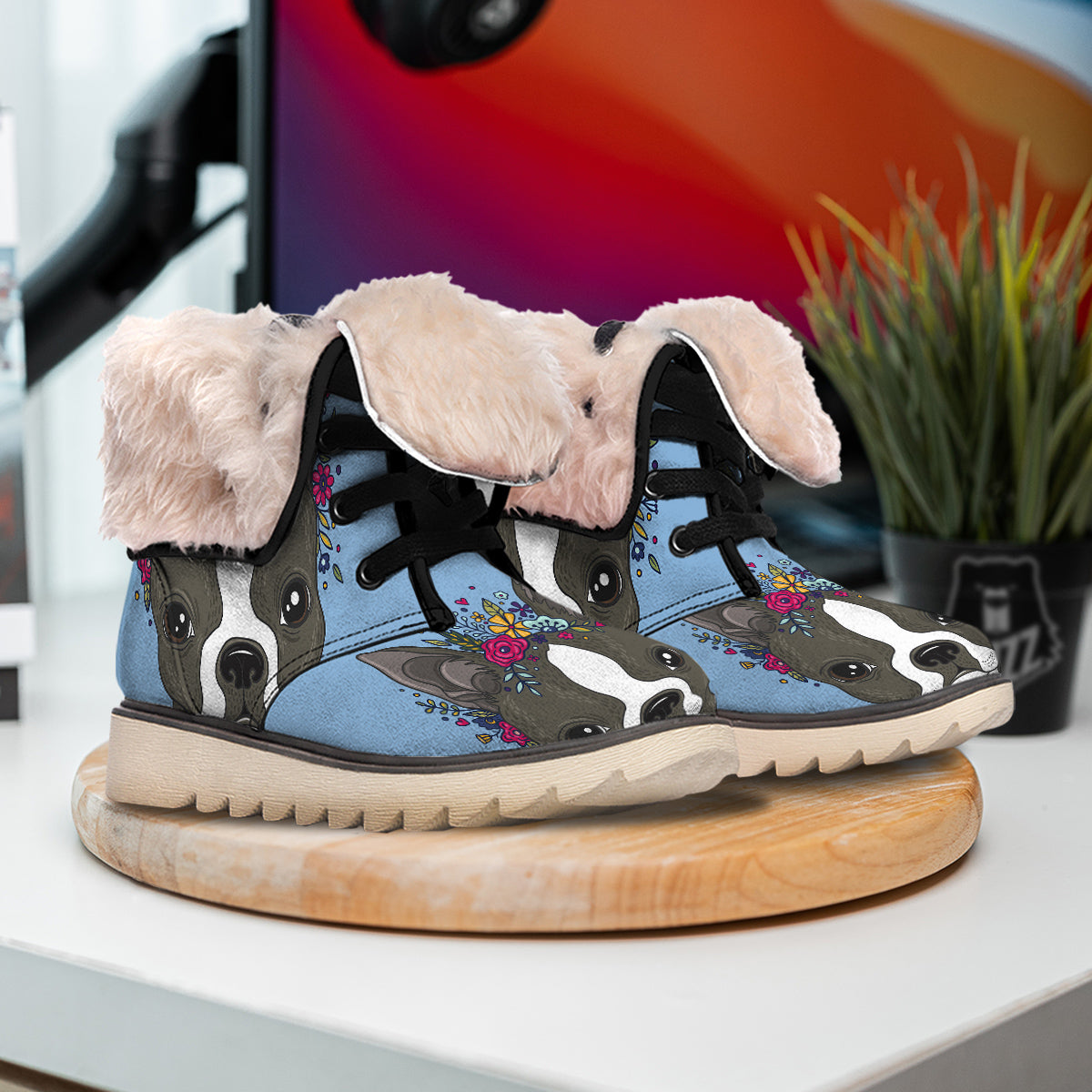 Flower Boston Terrier Cartoon Print Snow Boots-grizzshop