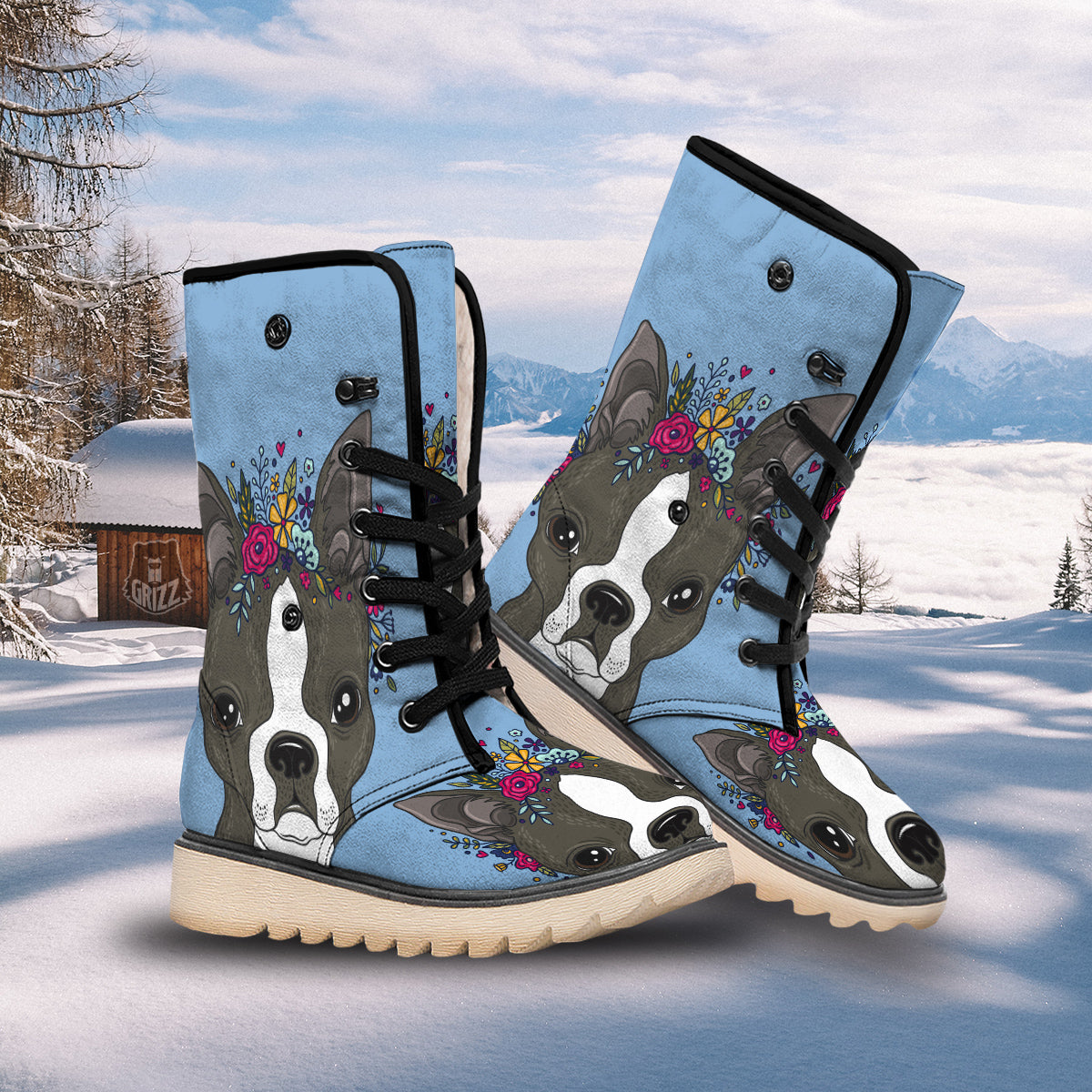 Flower Boston Terrier Cartoon Print Snow Boots-grizzshop