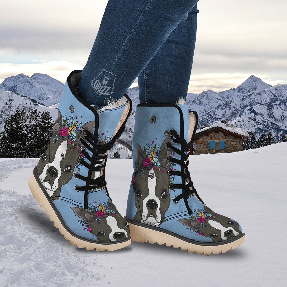 Flower Boston Terrier Cartoon Print Snow Boots-grizzshop
