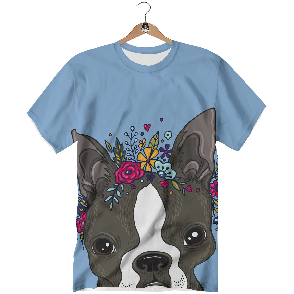 Flower Boston Terrier Cartoon Print T-Shirt-grizzshop