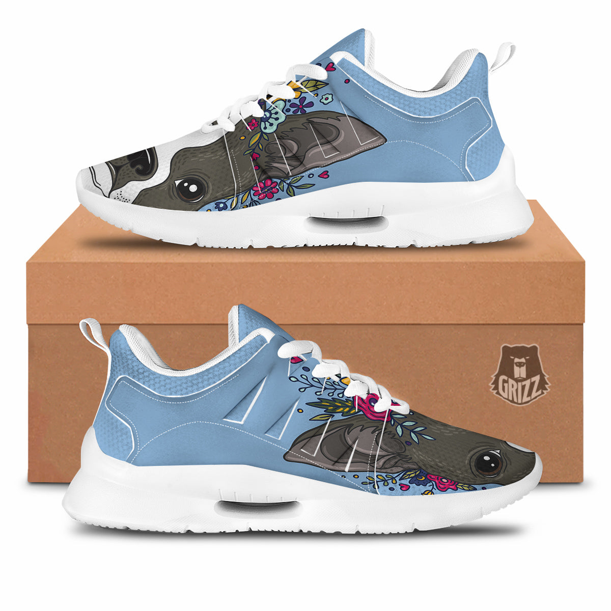 Flower Boston Terrier Cartoon Print Tennis Shoes-grizzshop