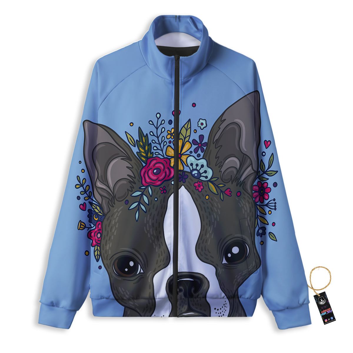 Flower Boston Terrier Cartoon Print Track Jacket-grizzshop