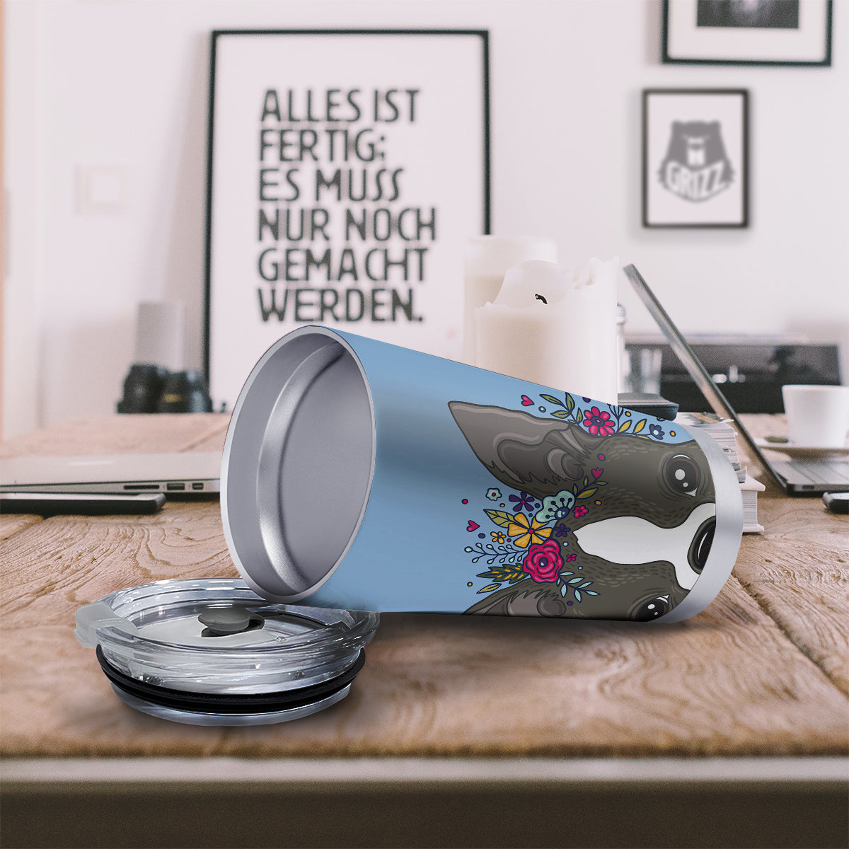 Flower Boston Terrier Cartoon Print Tumbler-grizzshop