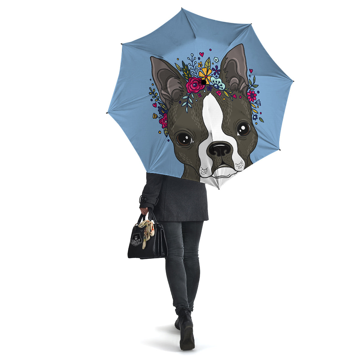Flower Boston Terrier Cartoon Print Umbrella-grizzshop