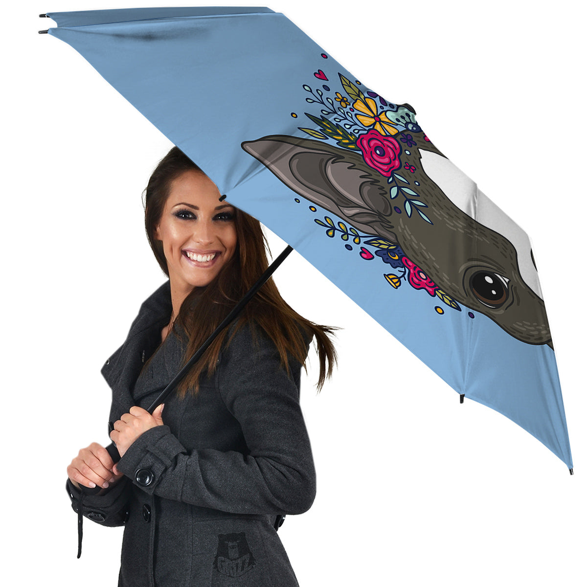 Flower Boston Terrier Cartoon Print Umbrella-grizzshop