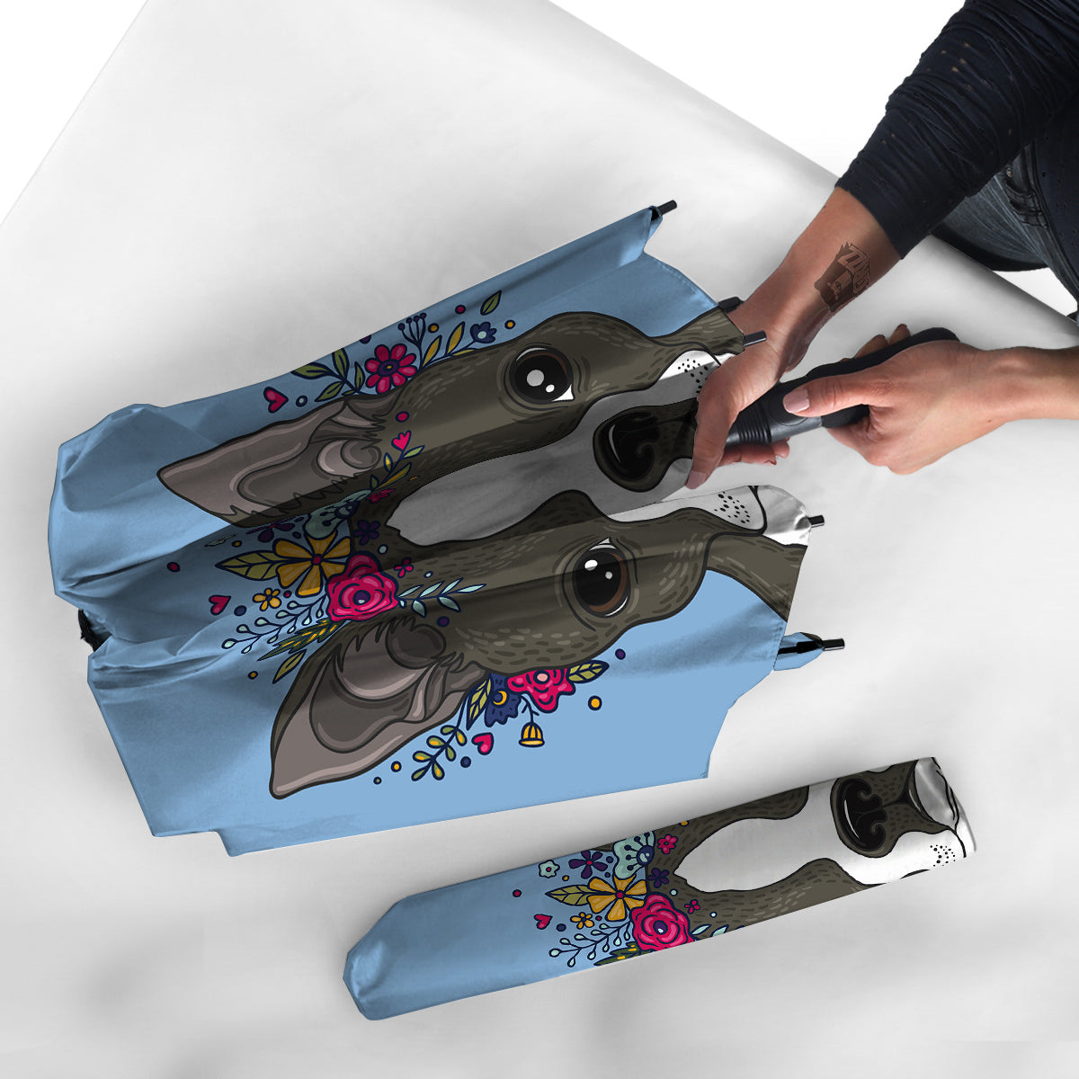 Flower Boston Terrier Cartoon Print Umbrella-grizzshop