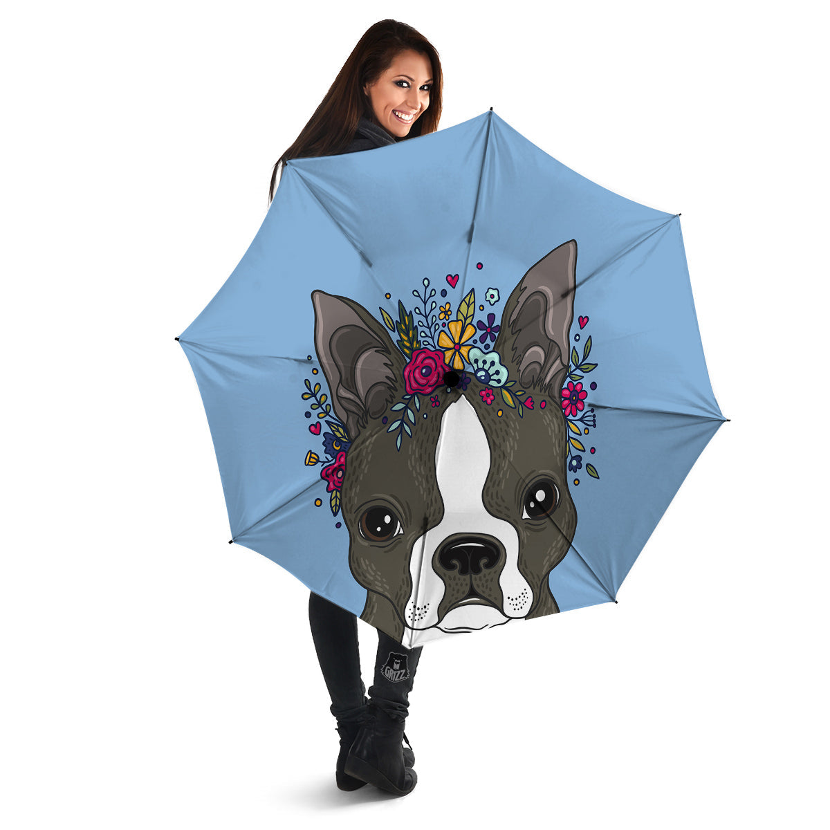 Flower Boston Terrier Cartoon Print Umbrella-grizzshop