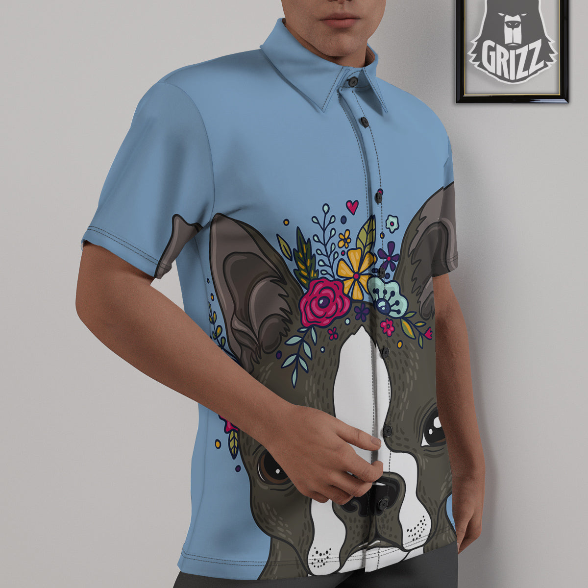 Flower Boston Terrier Cartoon Print Untucked Shirts-grizzshop