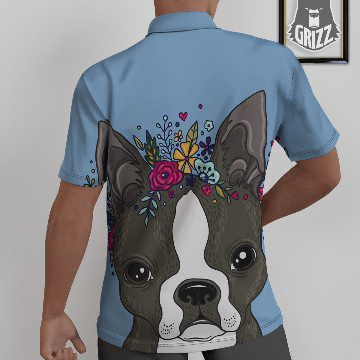 Flower Boston Terrier Cartoon Print Untucked Shirts-grizzshop