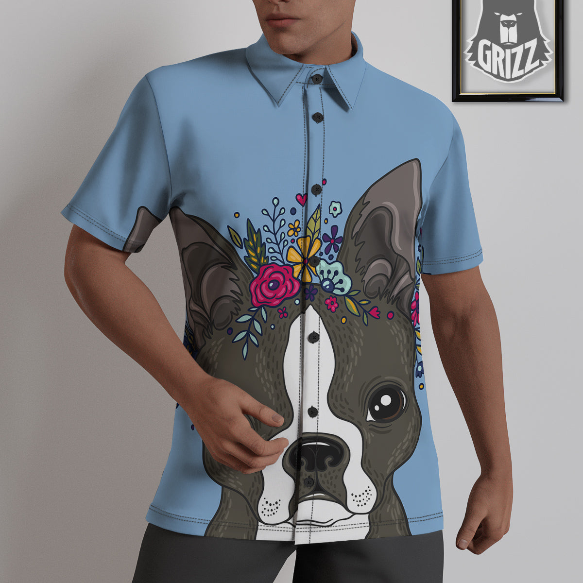 Flower Boston Terrier Cartoon Print Untucked Shirts-grizzshop