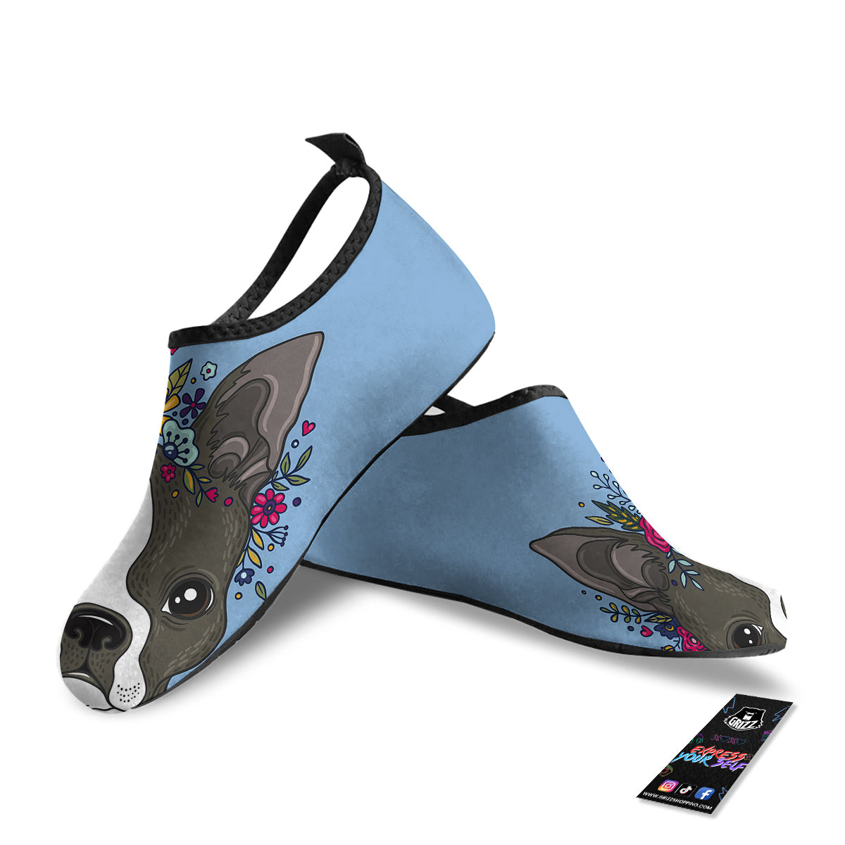 Flower Boston Terrier Cartoon Print Water Shoes-grizzshop