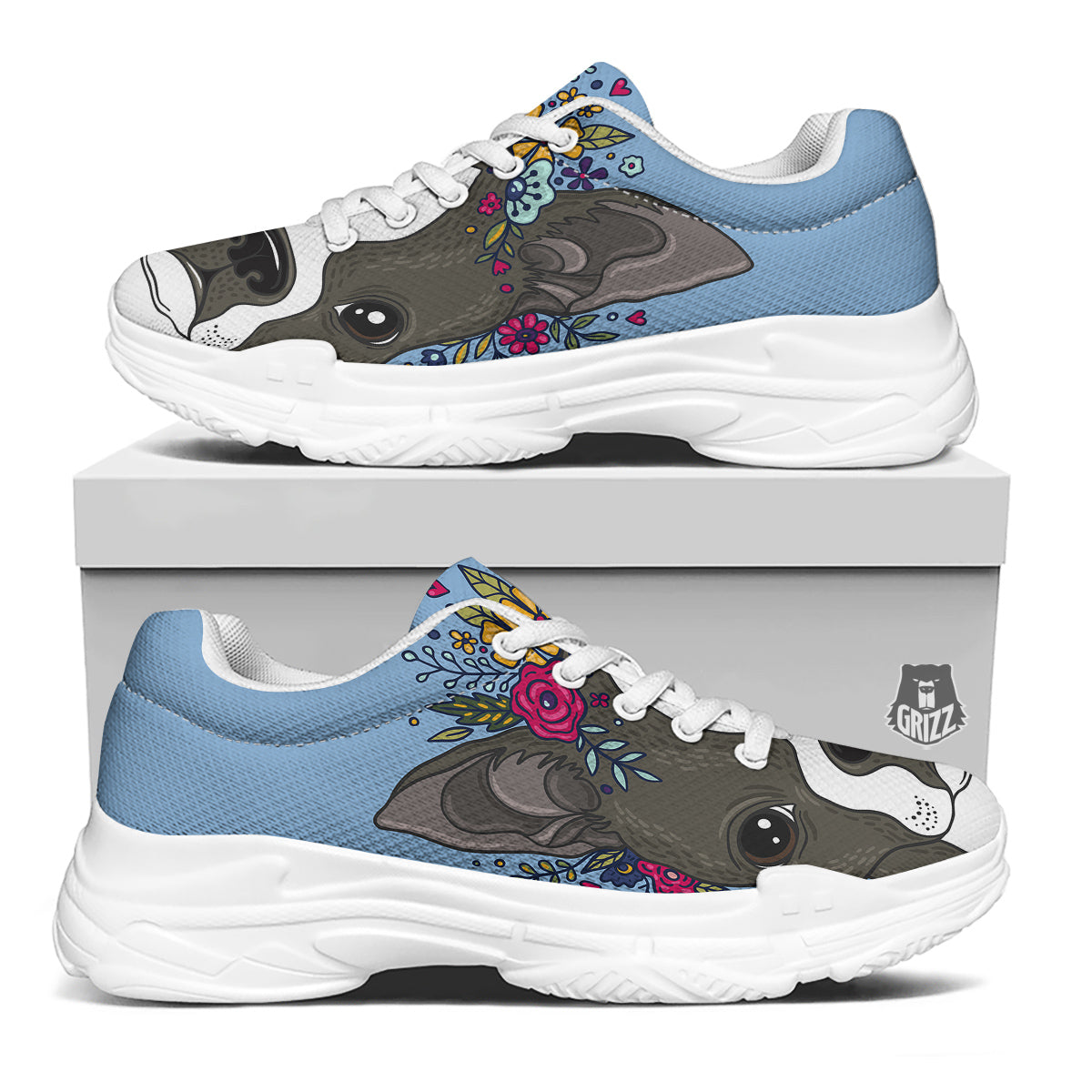 Flower Boston Terrier Cartoon Print White Chunky Shoes-grizzshop