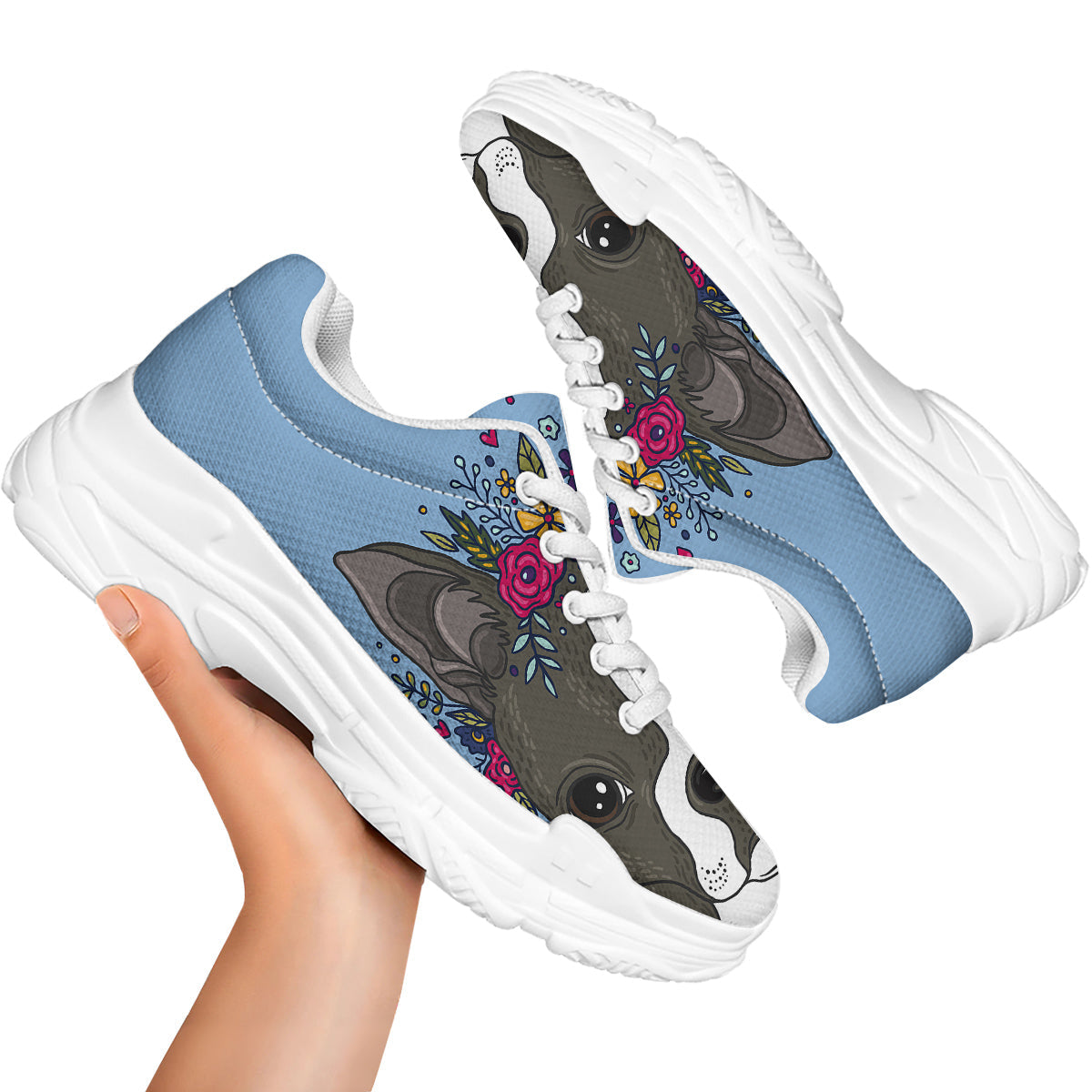 Flower Boston Terrier Cartoon Print White Chunky Shoes-grizzshop