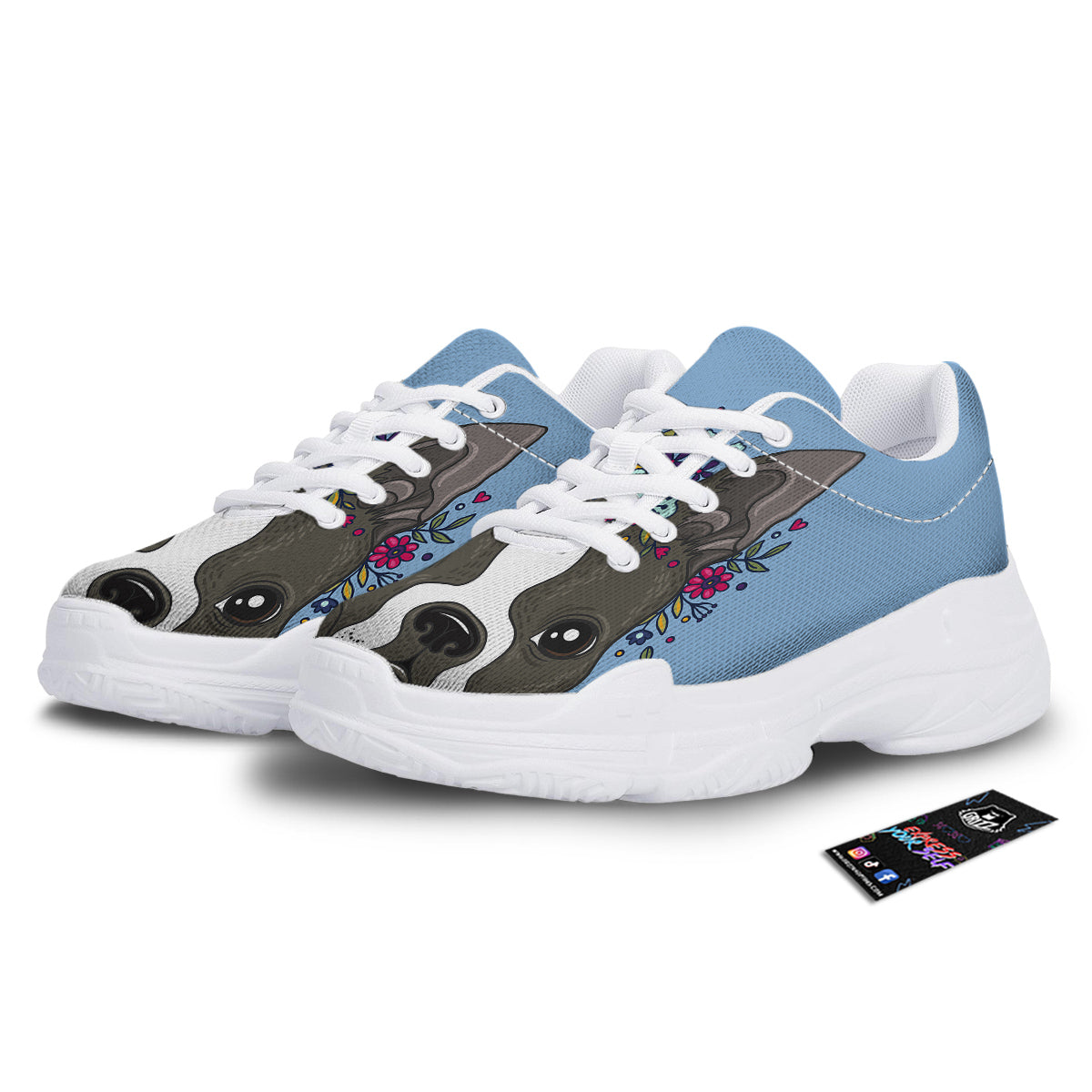 Flower Boston Terrier Cartoon Print White Chunky Shoes-grizzshop