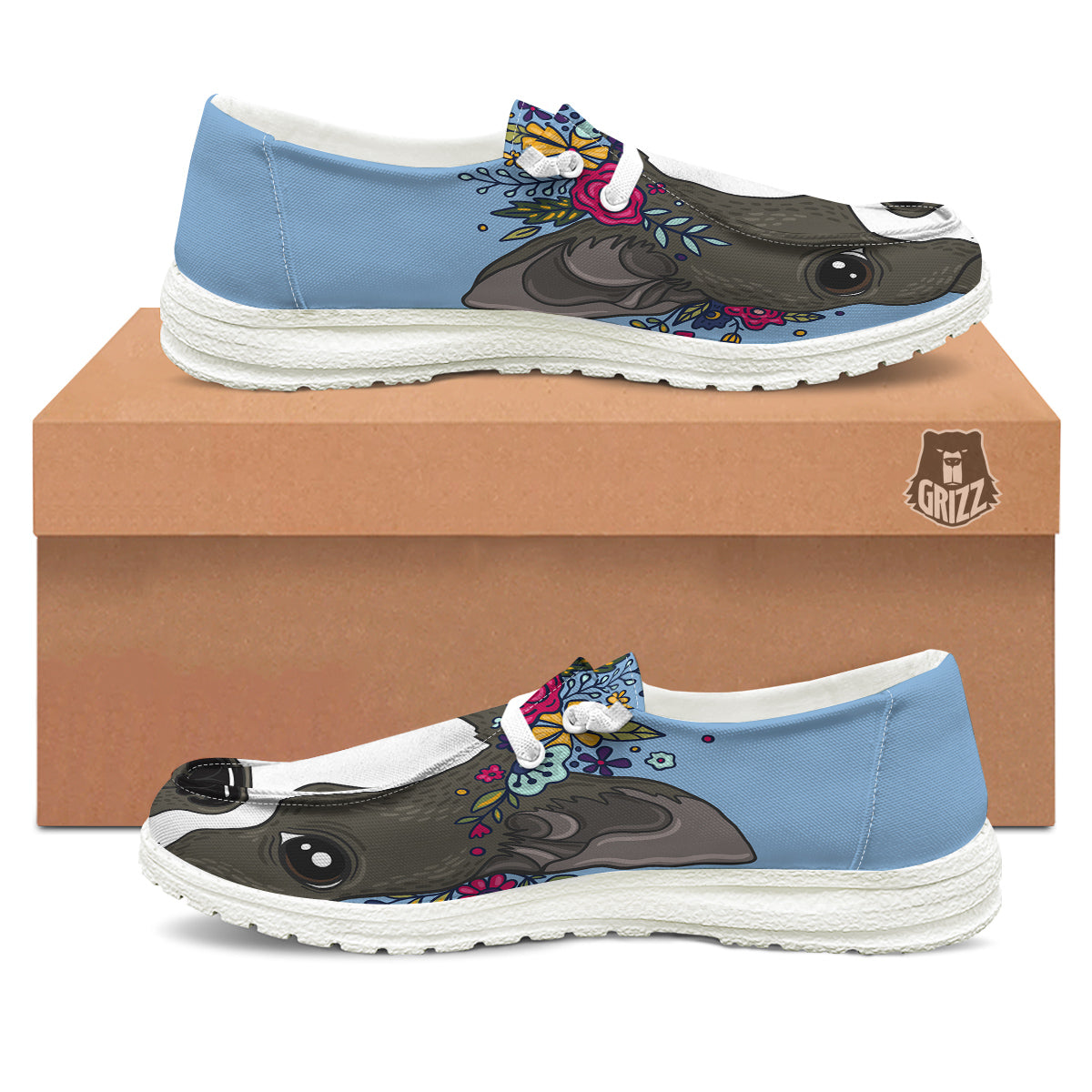 Flower Boston Terrier Cartoon Print White Loafers-grizzshop