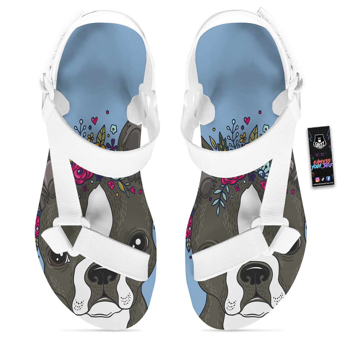 Flower Boston Terrier Cartoon Print White Open Toe Sandals-grizzshop