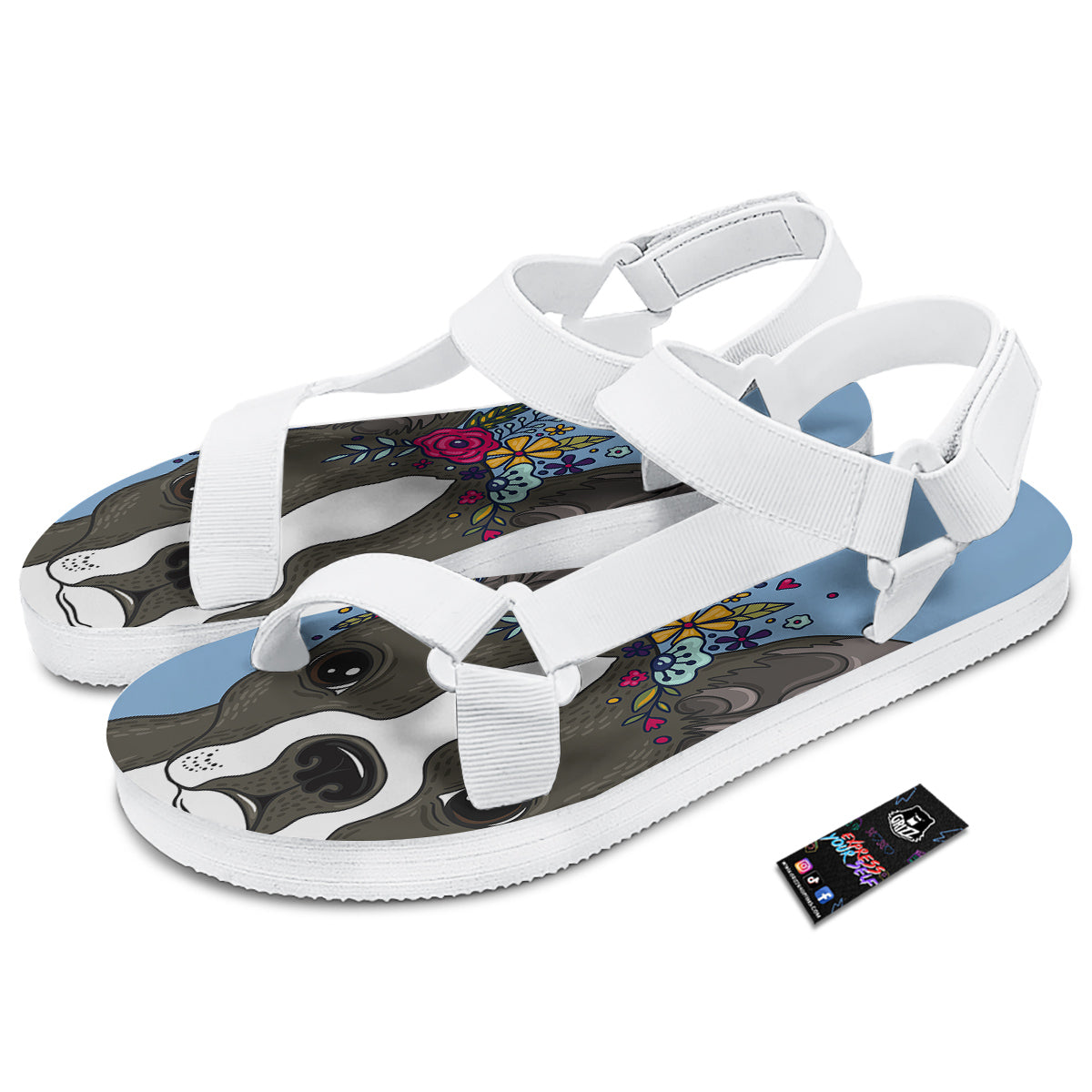 Flower Boston Terrier Cartoon Print White Open Toe Sandals-grizzshop