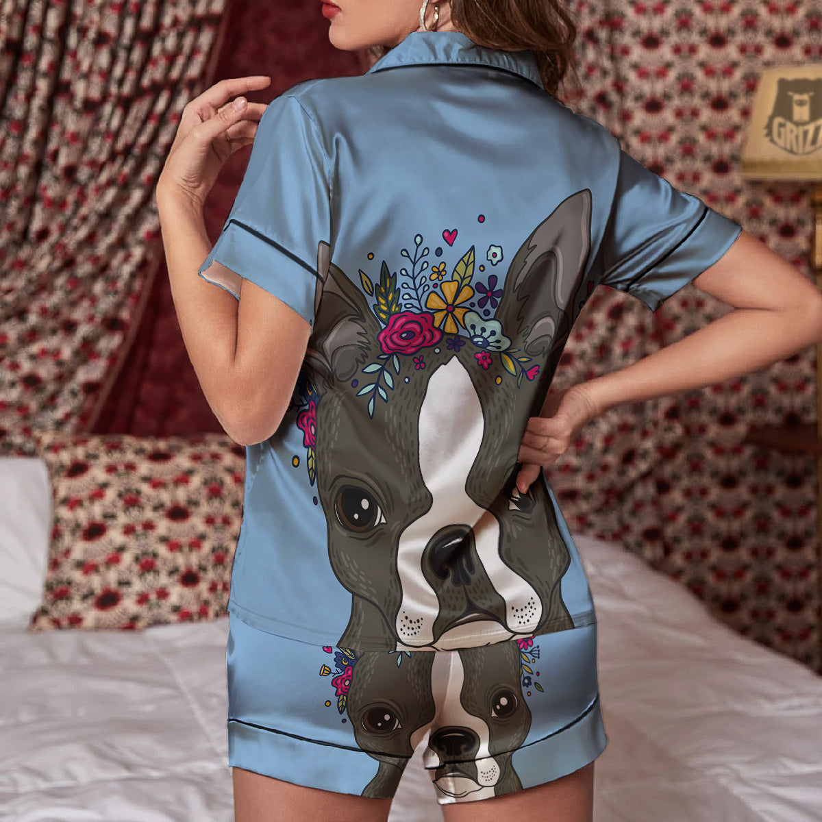 Flower Boston Terrier Cartoon Print Women Silk Pajamas-grizzshop