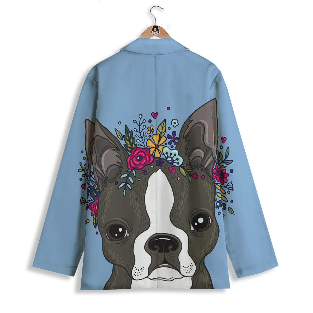 Flower Boston Terrier Cartoon Print Women's Blazer-grizzshop