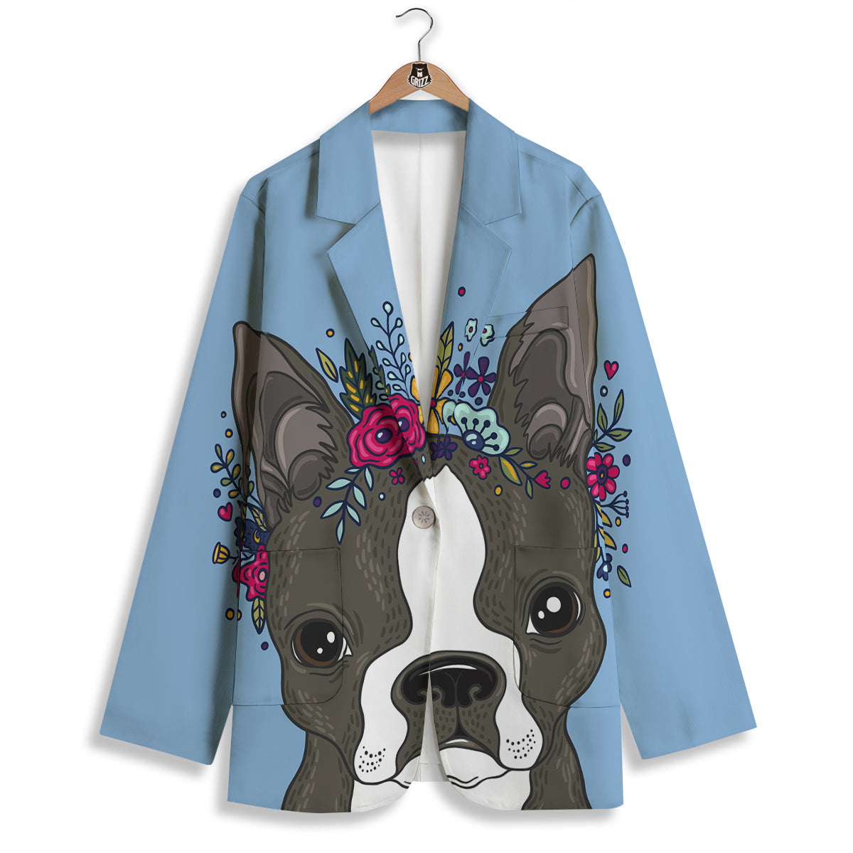 Flower Boston Terrier Cartoon Print Women's Blazer-grizzshop