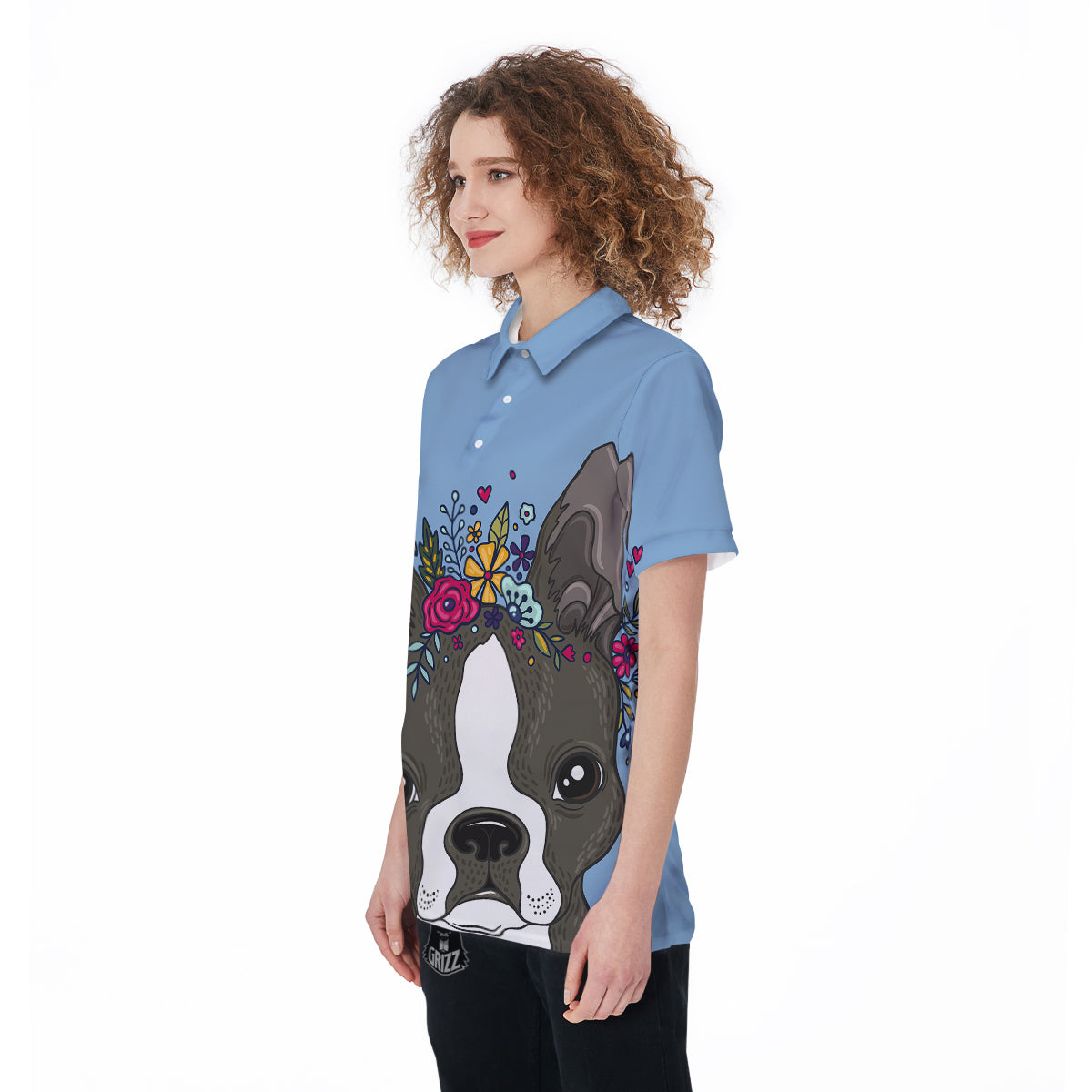 Flower Boston Terrier Cartoon Print Women's Golf Shirts-grizzshop
