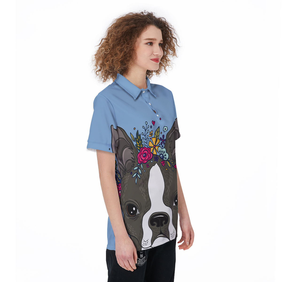 Flower Boston Terrier Cartoon Print Women's Golf Shirts-grizzshop