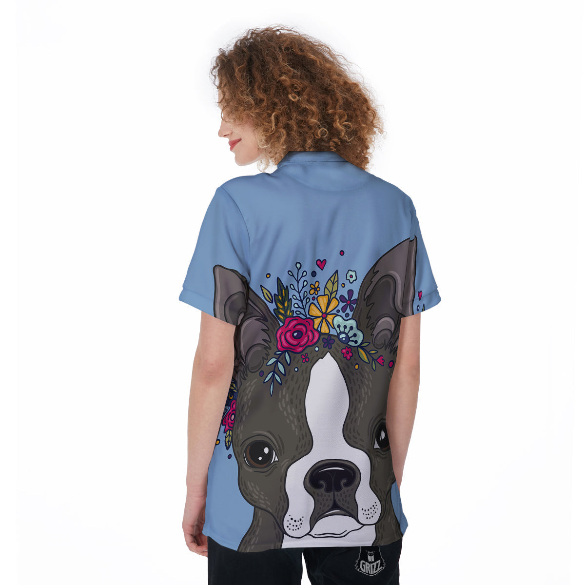 Flower Boston Terrier Cartoon Print Women's Golf Shirts-grizzshop
