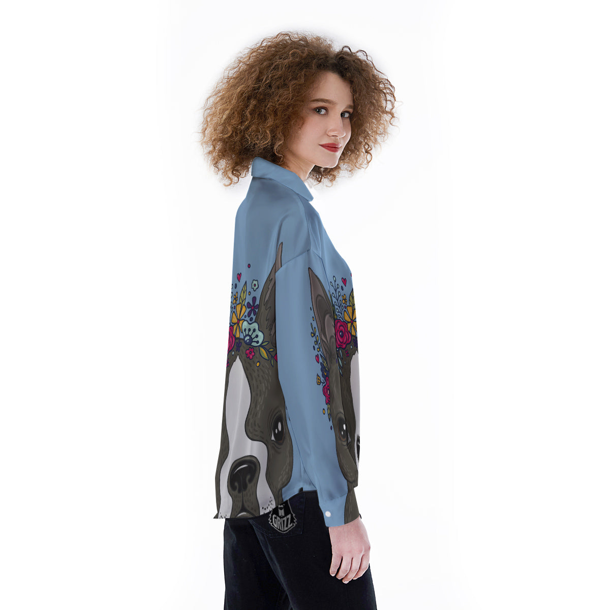 Flower Boston Terrier Cartoon Print Women's Long Sleeve Shirts-grizzshop