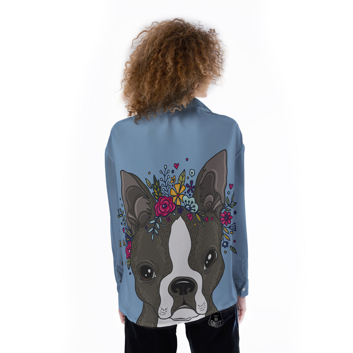 Flower Boston Terrier Cartoon Print Women's Long Sleeve Shirts-grizzshop